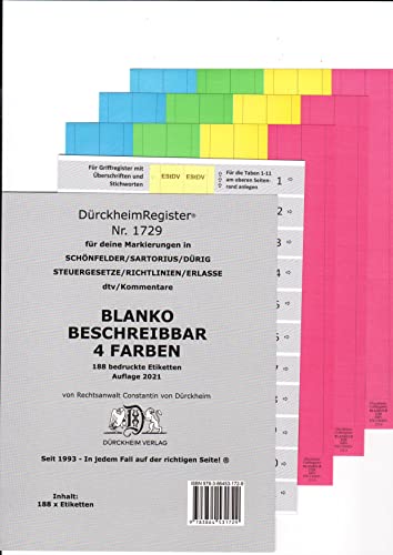 DürckheimRegister BLANKO: FARBE-GROSS beschreibbar: 96 vierfarbige beschreibbare Registeretiketten (sog. Griffregister) zur Befestigung der ... zu Dürckheim-Markierungen mit Stichworten