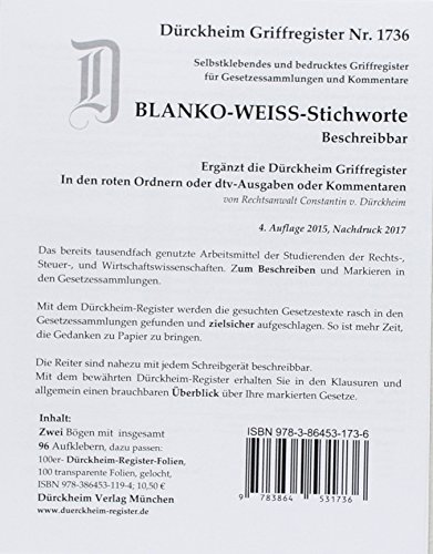 DürckheimRegister BLANKO: WEISS-GROSS beschreibbar: 96 weisse, beschreibbare Registeretiketten (sog. Griffregister) zur Befestigung an Trennblättern ... zu Dürckheim-Markierungen mit Stichworten.