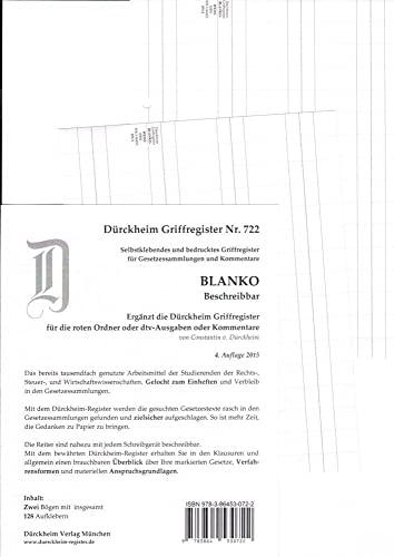 DürckheimRegister BLANKO: WEISS beschreibbar für Gesetzessammlungen: 128 beschreibbare Registeretiketten (sog. Griffregister) für Gesetzessammlungen • In jedem Fall auf der richtigen Seite von DürckheimRegister Seit 1999 Nr. 1