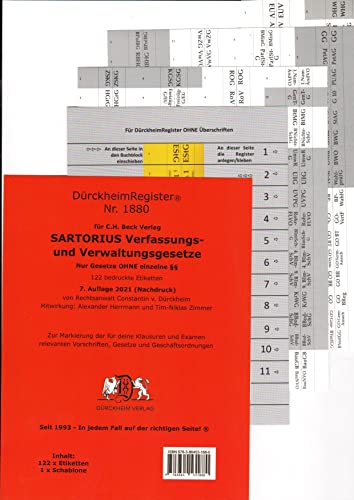 DürckheimRegister SARTORIUS 1 OHNE §§: 128 Registeretiketten (sog. Griffregister) für deinen SARTORIUS, Verfassungs- und Verwaltungsgesetze, GG, ... Paragrafen: GG, BauGB, VwGO, VwVfG usw.