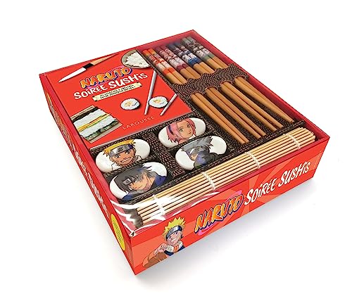 Naruto - Soirée sushis: Coffret avec 4 paires de baguettes, 4 repose-baguettes, 1 natte en bambou et 1 livret