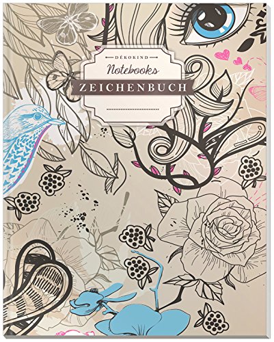 DÉKOKIND Zeichenbuch: DIN A4, 122 Seiten, Register, Vintage Softcover | Dickes Blanko-Notizbuch zum Selbstgestalten | Motiv: Feminin