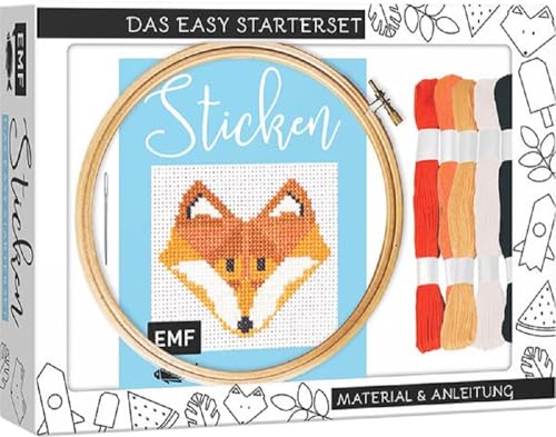 Sticken – das Easy Starterset für dekorative Kreuzstichmotive: DIY-Box mit Anleitung und 20 Vorlagen, hochwertigem Bambus-Stickrahmen (12,5 cm), Aida-Stoff, Sticknadel und Garn in 5 Farben
