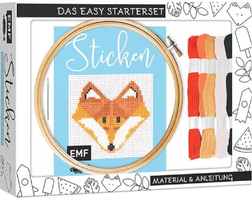 Sticken – das Easy Starterset für dekorative Kreuzstichmotive: DIY-Box mit Anleitung und 20 Vorlagen, hochwertigem Bambus-Stickrahmen (12,5 cm), Aida-Stoff, Sticknadel und Garn in 5 Farben von Edition Michael Fischer / EMF Verlag