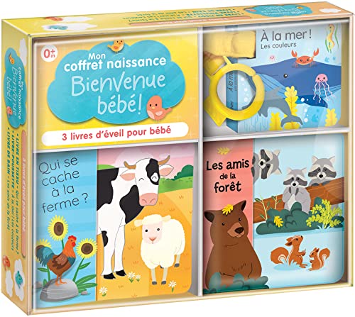 Mon coffret naissance - 3 livres d'éveil: 3 livres d'éveil pour bébé : Livre en tissu, Qui se cache à la ferme ? ; Livre-pousette, A la mer ! Les couleurs ; Livre de bain, Les amis de la forêt