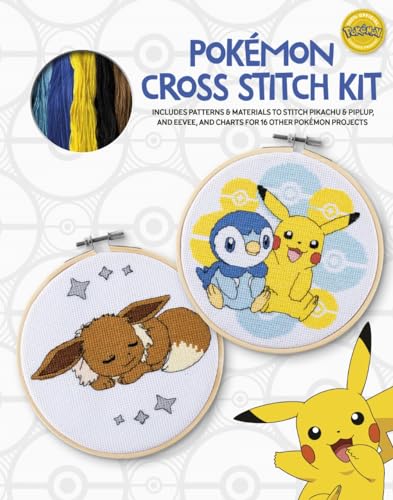 PokeMon Cross Stitch Kit: Includes Patterns and Materials to Stitch Pikachu & Piplup, & Evee, and Charts for 16 Other PokeMon Projects