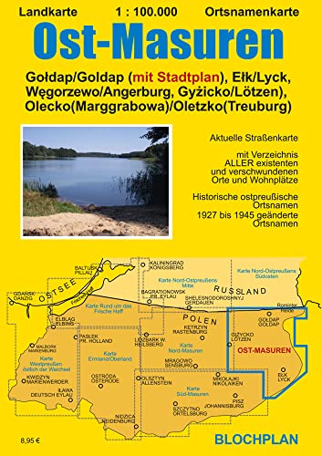Landkarte Ost-Masuren: Gołdap (Goldap) (mit Stadtplan), Ełk (Lyck), Węgorzewo (Angerburg), Gyżicko (Lötzen), Olecko (Marggrabowa/Oletzko/Treuburg) (Ostpreußen-Landkarten) von BLOCHPLAN Stadtplanerei