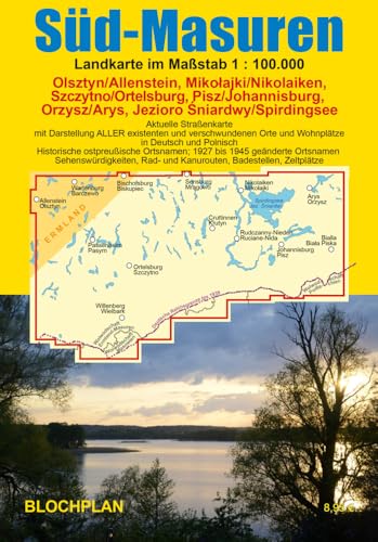 Landkarte Süd-Masuren: Olsztyn (Allenstein), Mikołajki (Nikolaiken), Szczytno (Ortelsburg), Pisz (Johannisburg), Orzysz (Arys), Jez. Śniardwy ... (Spirdingsee) (Ostpreußen-Landkarten)