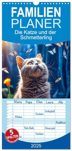 Familienplaner 2025 - Die Katze und der Schmetterling mit 5 Spalten (Wandkalender, 21 cm x 45 cm), CALVENDO