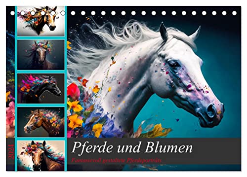 Pferde und Blumen (Tischkalender 2024 DIN A5 quer), CALVENDO Monatskalender