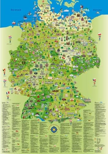Deutschlandkarte für Kinder und Erwachsene: Planokarte gerollt in Hülse, Mehrfarbendruck, flächige Glanzlackierung, abwaschbar: Laminiert