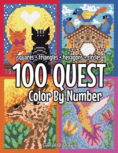 100 QUEST Color By Number: Squares + Triangles + Hexagons + Circles: color quest activity book for adults