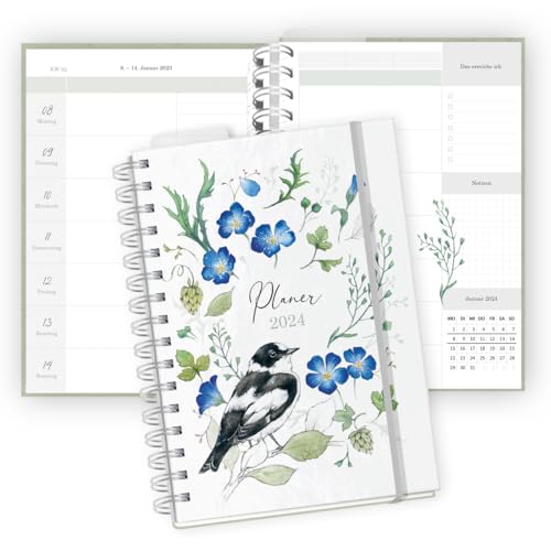 Kalender Wochenplaner 2024 I Planer DIN A5 Ringbuch I Terminplaner Buchkalender "Blumen", in blau und grün, liebevoll illustriert von Sophia Drescher von Grätz Verlag GmbH