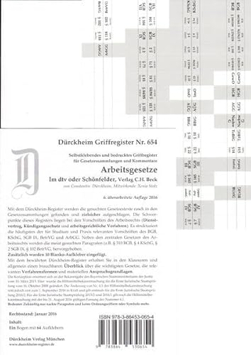 ARBEITSGESETZE Dürckheim-Griffregister Nr. 654 (6 Aufl. 2016, Nachdruck-2017): 64 bedruckte Griffregister zur Befestigung an Trennblättern oder ... 64 selbstklebende und bedruckte Griffregister