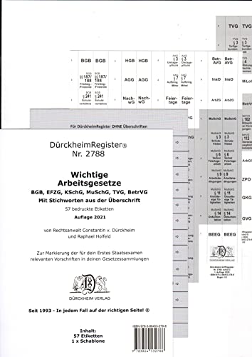 DürckheimRegister ARBEITSGESETZE: 155 Registeretiketten (sog. Griffregister) MIT Stichworten für deine Gesetze: In jedem Fall auf der richtigen ... usw. . In jedem Fall auf der richtigen Seite®