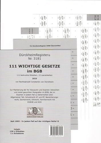 DürckheimRegister® -BGB- WICHTIGE §§ Im Bürgerlichen Gesetzbuch 2022: 155 Registeretiketten (sog. Griffregister) für dein BGB • Mit den wichtigsten ... In jedem Fall auf der richtigen Seite® von Dürckheim Verlag