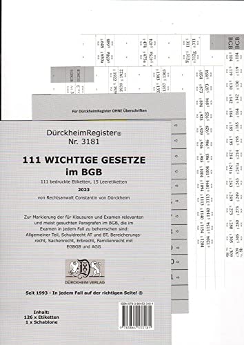 DürckheimRegister® -BGB- WICHTIGE §§ Im Bürgerlichen Gesetzbuch 2022: 155 Registeretiketten (sog. Griffregister) für dein BGB • Mit den wichtigsten ... In jedem Fall auf der richtigen Seite® von DürckheimRegister Seit 1999 Nr. 1