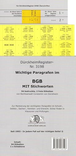 DürckheimRegister® -BGB- WICHTIGE §§ MIT STICHWORTEN Im Bürgerlichen Gesetzbuch 2022: 155 Registeretiketten (sog. Griffregister) für dein BGB • Mit ... In jedem Fall auf der richtigen Seite® von Dürckheim Verlag