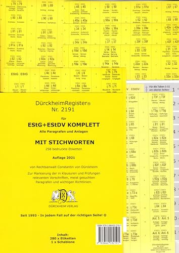 DürckheimRegister® EStG+EStDV KOMPLETT alle §§ mit STICHWORTEN: 258 Registeretiketten (sog. Griffregister) für deine Gesetze zur Markierung von ... • In jedem Fall auf der richtigen Seite!