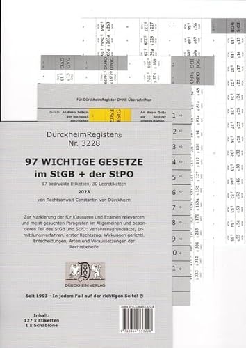 DürckheimRegister® -StGB+StPO- WICHTIGE §§ Im Strafrecht u Strafprozessrecht 2022: 155 Registeretiketten (sog. Griffregister) für dein StGB + StPO• ... In jedem Fall auf der richtigen Seite®