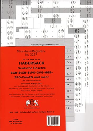 DürckheimRegister® HABERSACK 2022 Gesetze und §§: 366 Registeretiketten (sog. Griffregister) für den HABERSACK, C.H. Beck Verlag • AT, Schulrecht, ... (BGB, StGB, StPO, HGB, ZPO, FamFG, usw.) von DürckheimRegister Seit 1999 Nr. 1