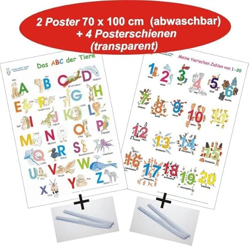 Das ABC der Tiere + Meine tierischen Zahlen von 1-20 + Posterschienen: 2 Lernposter 70 x 100 cm, gerollt, abwaschbar + UV-Lack beschichtet + 4 Posterschienen