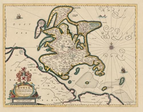 Historische Landkarte: INSEL RÜGEN ANNO 1647- Rugia Insula Ac Ducatus accuratissime descripta ab E. Lubino (Plano): Rugia Insula Ac Ducatus ... Arces ... Arces nobilium pleraeq hoc signo notantur.