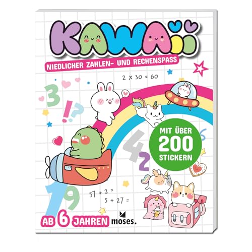 moses. Kawaii – Niedlicher Zahlen- und Rechenspaß, Activity-Buch mit Rätseln, Ausmalbildern und Stickern, Kawaii-Rätselbuch für Kinder ab 6 Jahren von moses