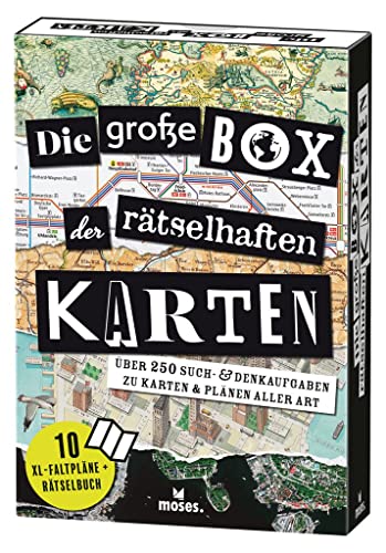 moses. Die große Box der rätselhaften Karten, Such- und Denksportaufgaben für Erwachsene auf 10 XL-Faltkarten, Rätselspaß mit 250 Aufgaben für Landkartenrätsel- und Geographie-Fans