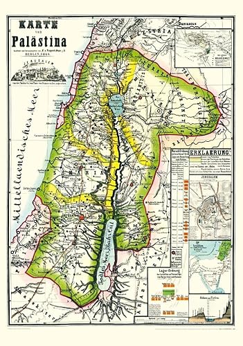 Historische Karte von PALÄSTINA 1869 (gerollt): Mit Gesamtansicht von Jerusalem und Nebenkarten "Die Länder der Heiligen Schrift" (östliches ... Osten) und Zug der Israeliten aus Ägypten