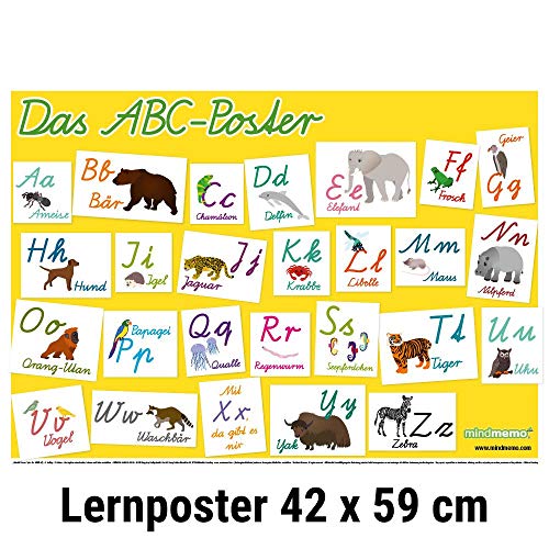 mindmemo Lernposter - Das Tier ABC Poster für Kinder in Schreibschrift Schulausgangsschrift Alphabet spielend lernen mit Bildern Lernhilfe DIN A2 ... Lernen ganz einfach - DinA2 PremiumEdition