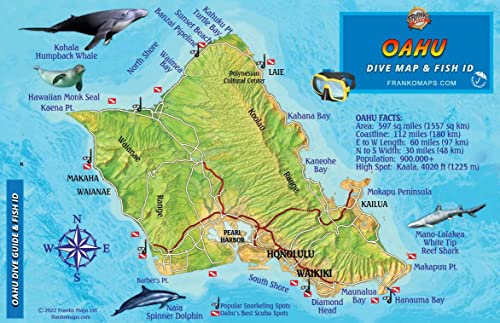 Oahu Hawaii Map & Coral Reef Creatures Guide Franko Maps Laminated Fish Card