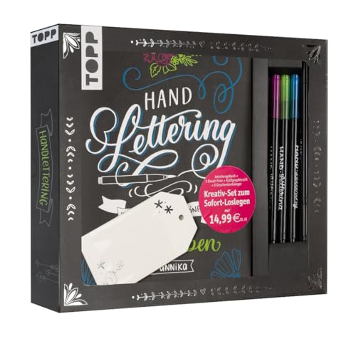 Kreativ-Set Handlettering: Buch mit Anleitungen und Inspirationen sowie 3 Brush Pens, Kalligraphiestift und 6 Geschenkanhängern (Buch plus Material) von Frech