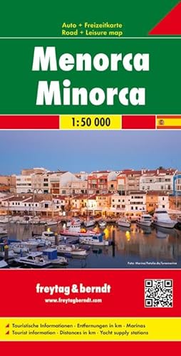 Menorca, Autokarte 1:50.000: 1:50.000. Touristische Informationen, Entfernungen in km, Marinas