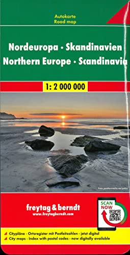 Nordeuropa - Skandinavien, Straßenkarte 1:2 Mio.: Citypläne, Ortsregister mit Postleitzahlen, Entfernungen in km