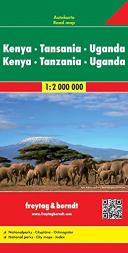 Kenya - Tansania - Uganda - Ruanda, Autokarte 1:2.000.000: Nationalparks, Citypläne, Ortsregister von Freytag + Berndt