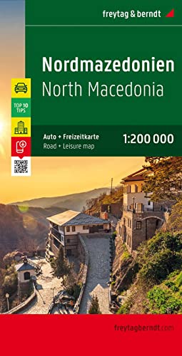 Nordmazedonien, Autokarte 1:200.000, Top 10 Tips: Auto + Freizeikarte. Top 10 Tipps Sehenswürdigkeiten, Cityplan, Ortsregister mit Postleitzahlen. Mit QR-Code