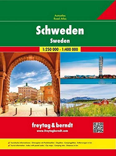 Schweden, Autoatlas 1:250.000 - 1:400.000: Touristische Informationen, Ortsregister mit Postleitzahlen, Citypläne, Campingplätze. Entfernungen in km (freytag & berndt Autoatlanten) von Freytag + Berndt