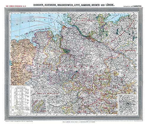 Historische Karte: Provinz HANNOVER im Deutschen Reich - um 1910 [gerollt]: Carl Flemmings Generalkarte, No. 13. Mit Oldenburg, Braunschweig, Lippe, Hamburg, Bremen und Lübeck