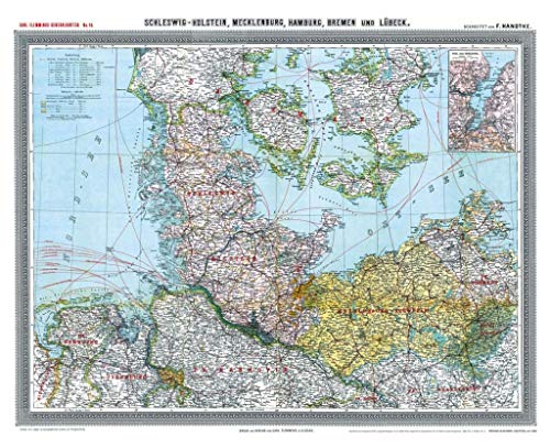 Historische Karte: Provinz SCHLESWIG-HOLSTEIN im Deutschen Reich - um 1900 [gerollt]: Carl Flemmings Generalkarte, No. 14. Mit Mecklenburg, Hamburg, Bremen und Lübeck
