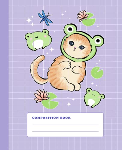 Composition Book: Cute Cat & Frogs | College Ruled Wide Lined Notebook | Pastel Purple Kawaii Aesthetic Journal for School