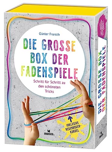 moses. Die große Box der Fadenspiele, 18 Fadenspiel Tricks auf Klappkarten inkl Regenbogen Kordel, Fingerspiel für die Pause, den Schulhof oder Garten