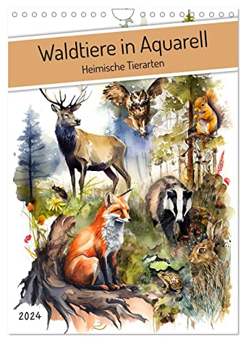 Waldtiere in Aquarell - Heimische Tierarten (Wandkalender 2024 DIN A4 hoch), CALVENDO Monatskalender