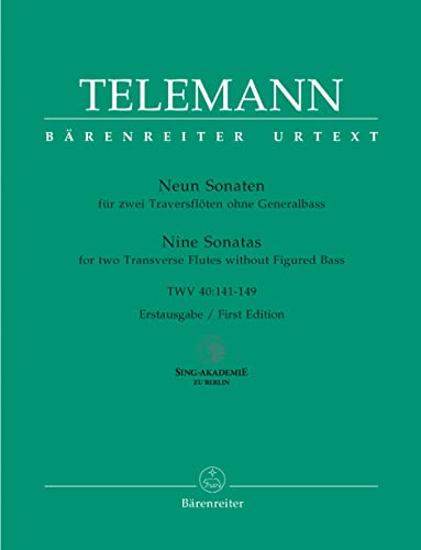 Neun Sonaten für zwei Traversflöten ohne Bass TWV 40:141-149 -Erstausgabe-. BÄRENREITER URTEXT. Spielpartituren, Urtextausgabe, Sammelband