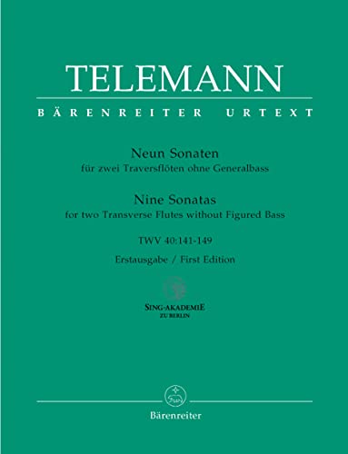 Neun Sonaten für zwei Traversflöten ohne Bass TWV 40:141-149 -Erstausgabe-. BÄRENREITER URTEXT. Spielpartituren, Urtextausgabe, Sammelband