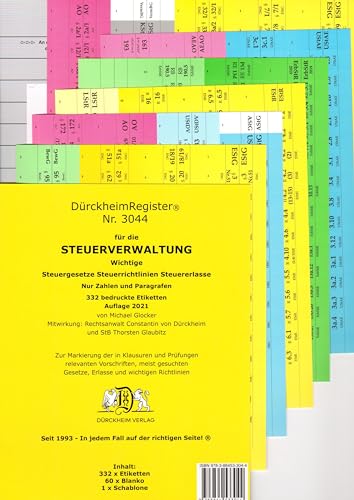 DürckheimRegister® STEUERVERWALTUNG Register für deine AO-AEAO-ErbStG/R-EStG/R-KStG/R-UStG-UStR-: nur Zahlen und §§: 199 Registeretiketten mit den ... Richtlinien und Erlasse OHNE Stichworte