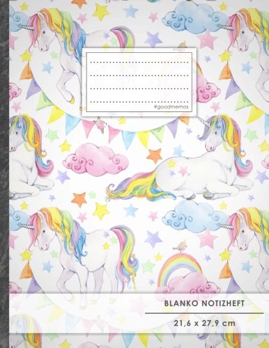 Blanko Notizbuch • A4-Format, 100+ Seiten, Soft Cover, Register, „Einhorn Regenbogen“ • Original #GoodMemos Blank Notebook • Perfekt als Zeichenbuch, Skizzenbuch, Blankobuch, Leeres Tagebuch