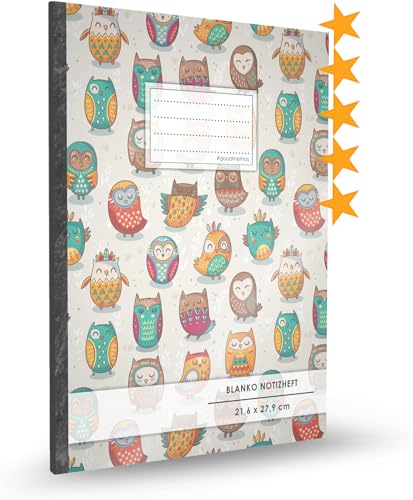 Blanko Notizbuch • A4-Format, 100+ Seiten, Soft Cover, Register, „Lustige Eulen“ • Original #GoodMemos Blank Notebook • Perfekt als Zeichenbuch, Skizzenbuch, Sketchbook, Leeres Malbuch