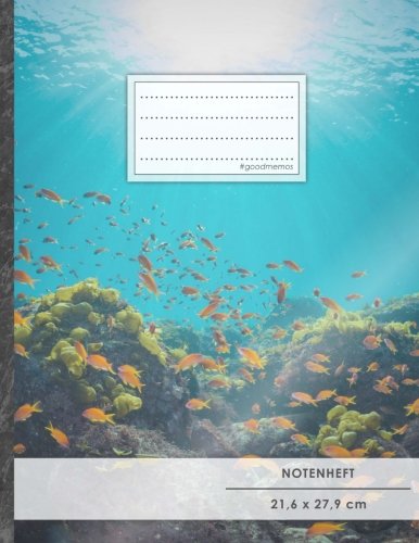 Notenheft: DIN A4 • 48 Seiten, 24 Blatt, 12 Systeme, „Underwater“ • Original #GoodMemos Schulheft • Mit Inhaltsverzeichnis und Seitenzahlen, Noten-Lineatur 14