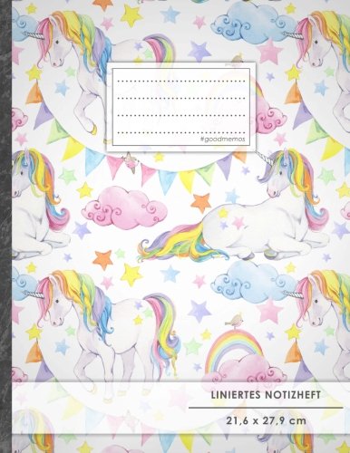 Liniertes Notizbuch • A4-Format, 100+ Seiten, Soft Cover, Register, Mit Rand, „Einhorn Regenbogen“ • Original #GoodMemos Lined Notebook • Perfekt als Deutschheft, Schulheft, Übungsheft, Lineatur 27 von CREATESPACE